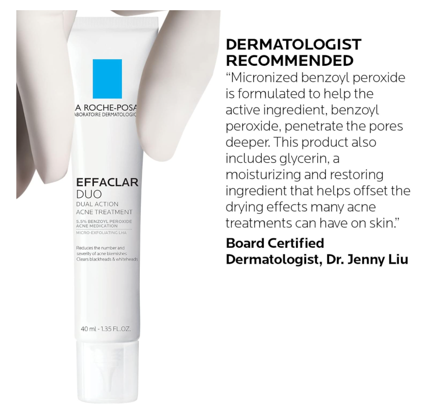 La Roche-Posay Effaclar Duo Dual Action Acne Spot Treatment Cream with Benzoyl Peroxide Acne Treatment, Blemish Cream for Acne and Blackheads, Lightweight Sheerness, Safe For Sensitive Skin,0.7 Fl Oz