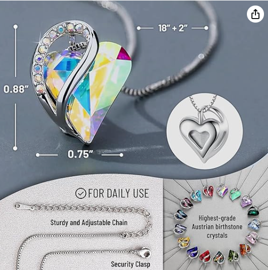 Leafael Infinity Love Heart Necklace, Birthstone Necklaces for Women with Healing Stones, Allergy-Free Jewelry for Women, Silver-Tone Pendant Necklace with Gift Box, 18+2 Inch Chain Extender