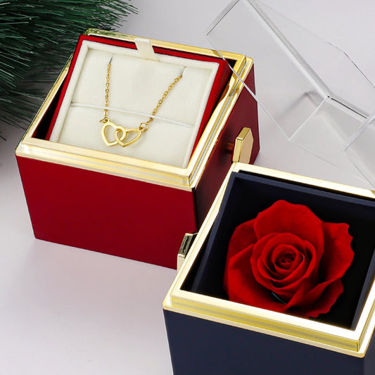Eternal Rose Box With Heart Necklace Rotating Rose Flower Rose Creative Valentine's Rose Jewelry Box Mother's Day Gift For Women